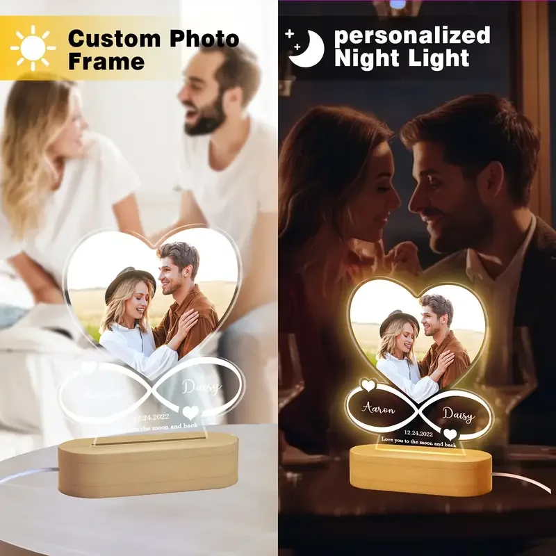 Custom Heart Photo Acrylic Frame LED Light Personalized Anniversary Birthday Gift for Couples Men Women Girlfriend Boyfriend