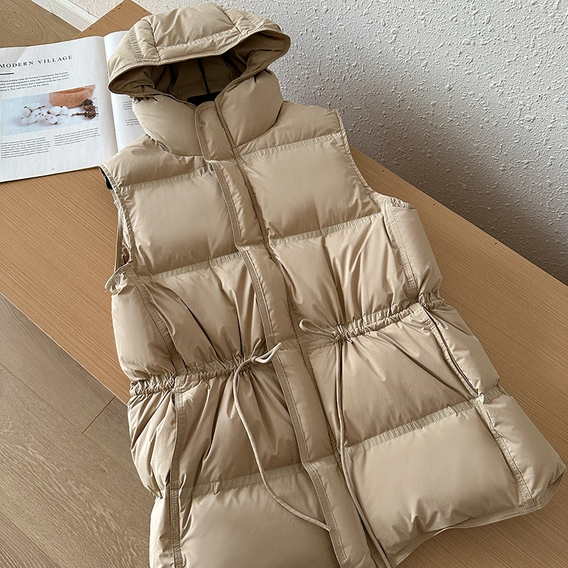 Winter Hooded Down Vest For Women Light Luxury Slim Sleeveless White Duck Down Flilling Tops Skinny Drawstring Jacket Female