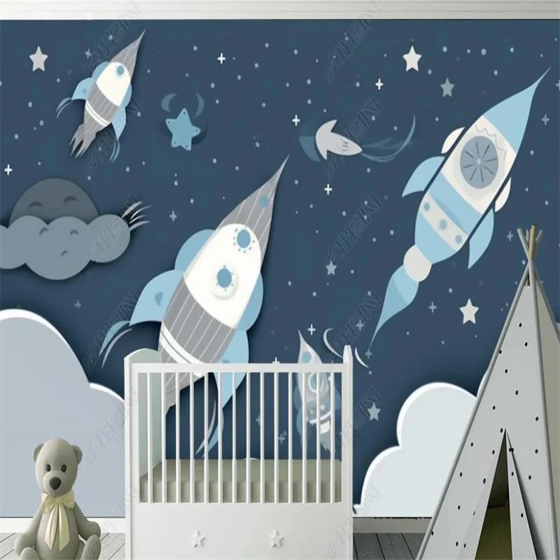 

Cartoon Cute Grey 3d Self Adhesive Mural Rocket Space Wall Paper Star Wallpapers for Kids Room Children's Room Decoration