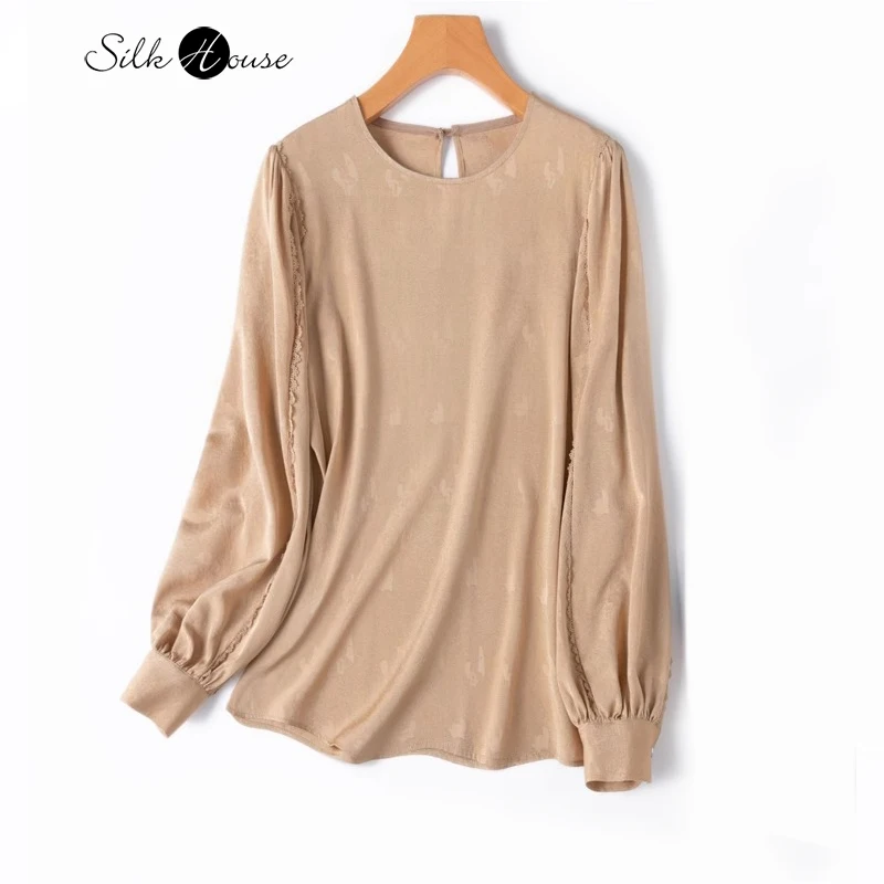 

Exquisite 20MM 93% Natural Mulberry Silk Jacquard Satin Round Neck Lantern Long Sleeved Women's Fashionable Casual Beige T-shirt