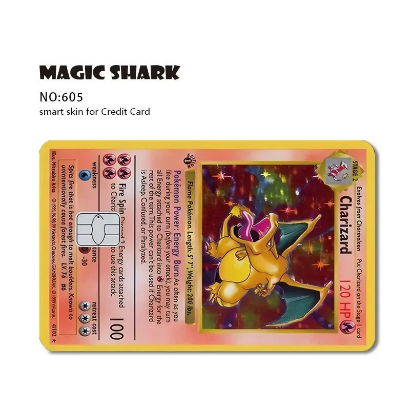 Magic Shark Pokemon Card Pikachu Charizard Mewtwo Front  Film Skin Cover Sticker for Credit Debit Card No Fade