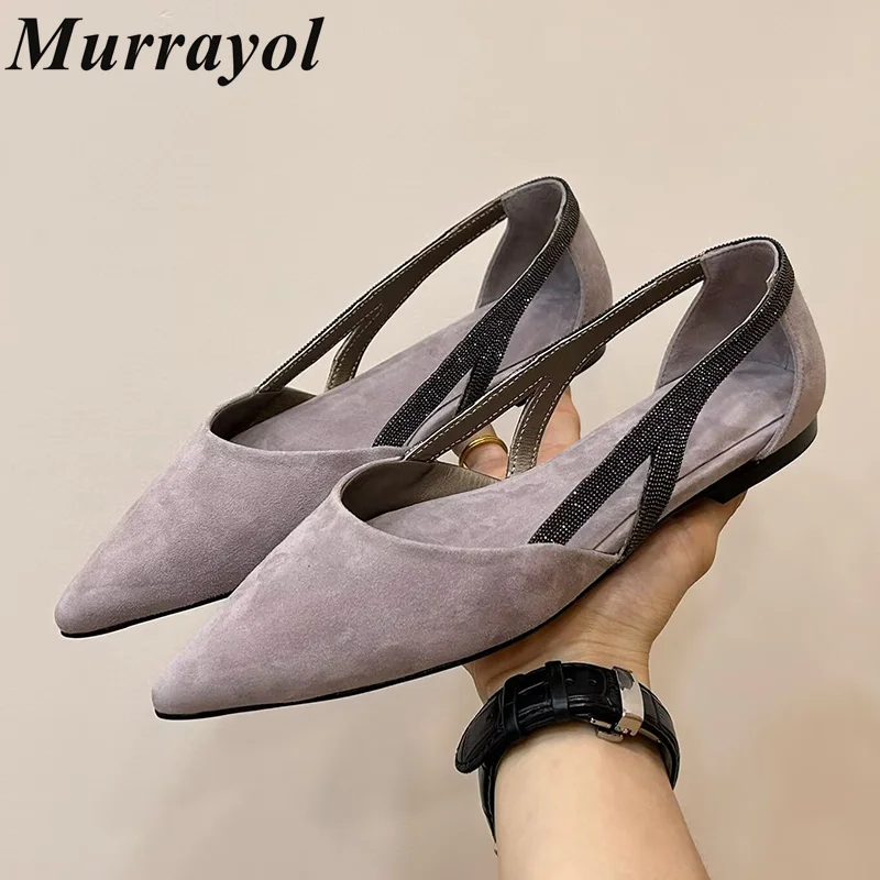 

New Genuine Leather String Bead Decor Sandalias Women's Pointed Toe Flat Bottom Sandals Summer Dress Shoes Banquet Shoes