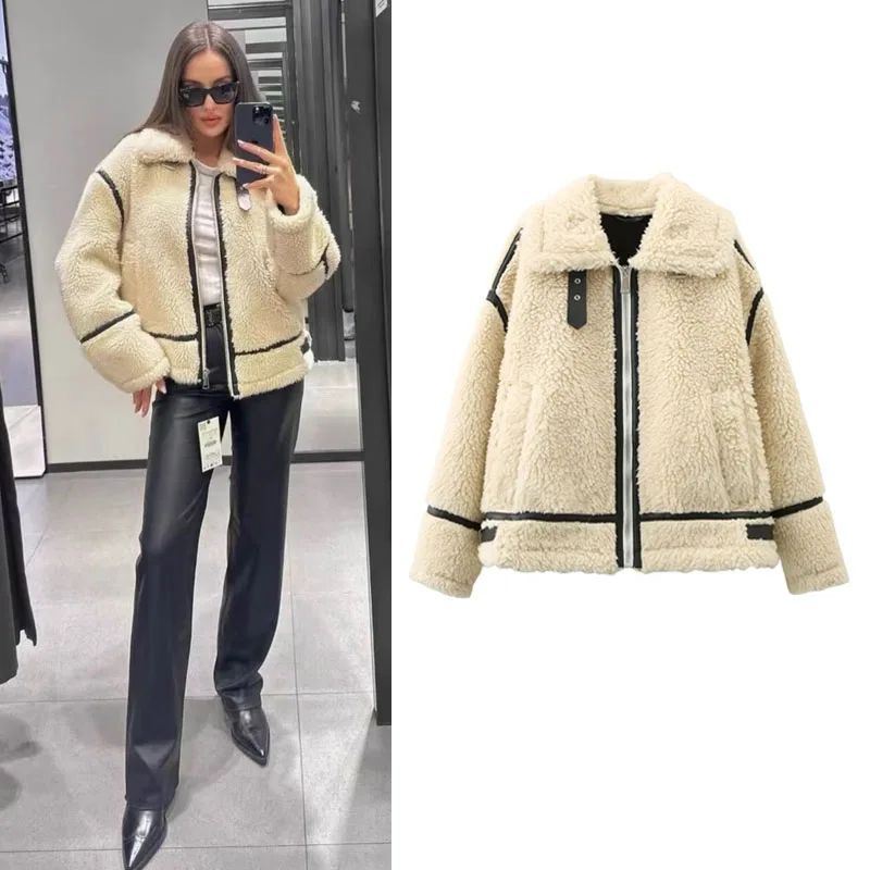 

TRAF Woman jacket winter leather fur Coat Suede jacket faux fur Sheepskin coat fashion trends 2023 trench coat for women