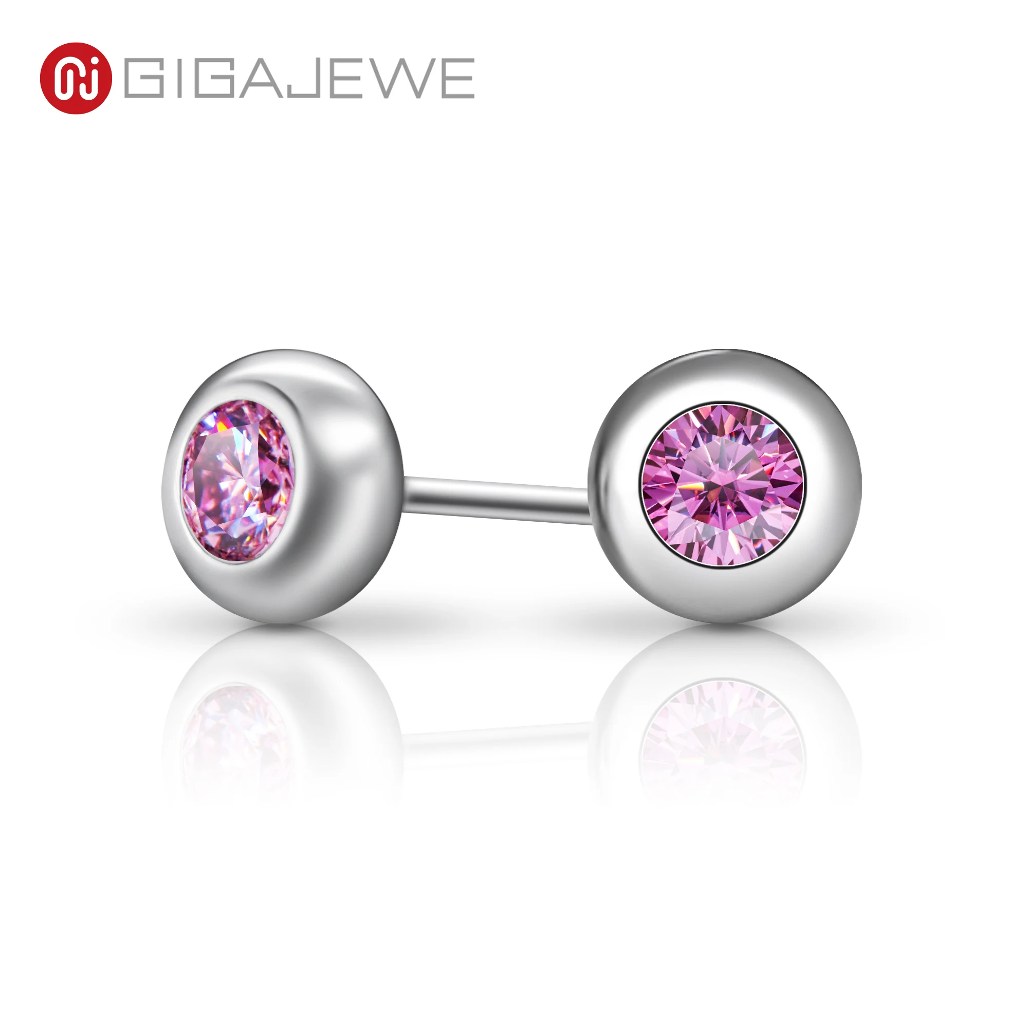 

GIGAJEWE 0.1ctX2 3.0mm Moissanite Pink Color VVS1 Round Cut Customized 18K White Gold Circle Stud Earrings Jewelry Woman Gift