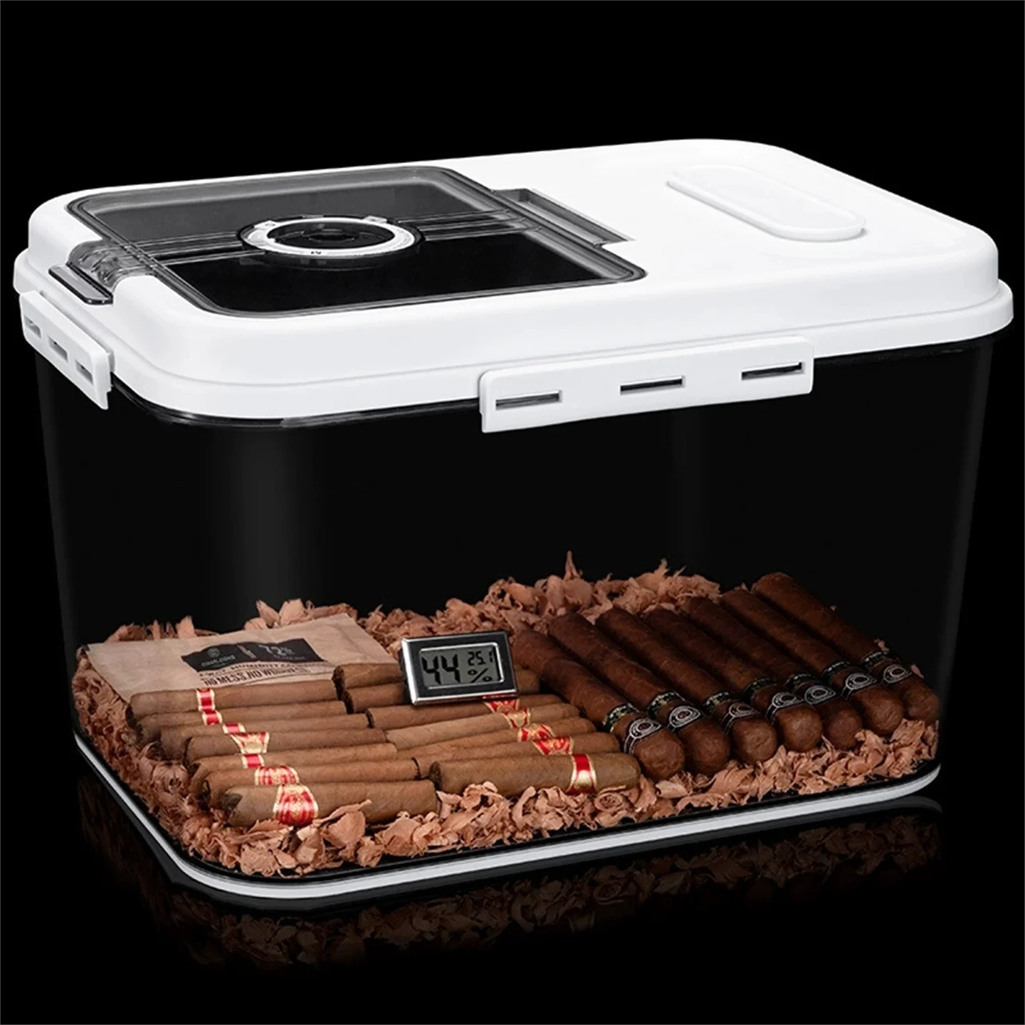 

Хьюмидор для сигар из ПЭТ емкостью 60–150 штук; Запечатанная коробка с мягким замком для сигар; Подарочная кедровая тирса/гигрометр/увлажняющий мешок