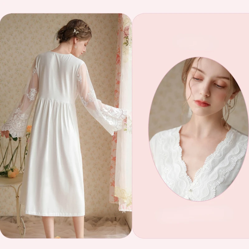 Embroidered Lace Long Sleeve Night Dress Women Fairy Cotton Sexy Peignoir Vintage Nighty Victorian Nightgowns Princess Sleepwear