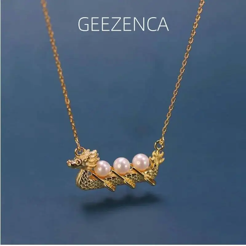 

GEEZENCA 925, серебряный жемчуг, 3D китайский дракон, кулон в форме лодки, ожерелье для женщин, уникальное этническое колье-чокеры, новый подарок на вечеринку