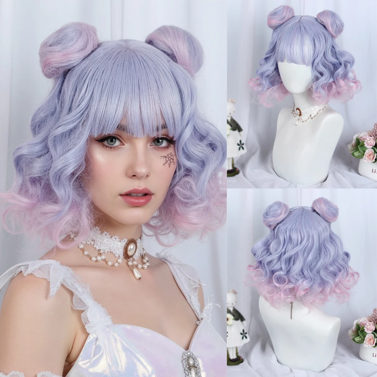 

Cosplay Wig Ombre Purple Pink Short Curly Wigs With Bangs Synthetic Women Wavy Heat Resistant Wig For Daily Party