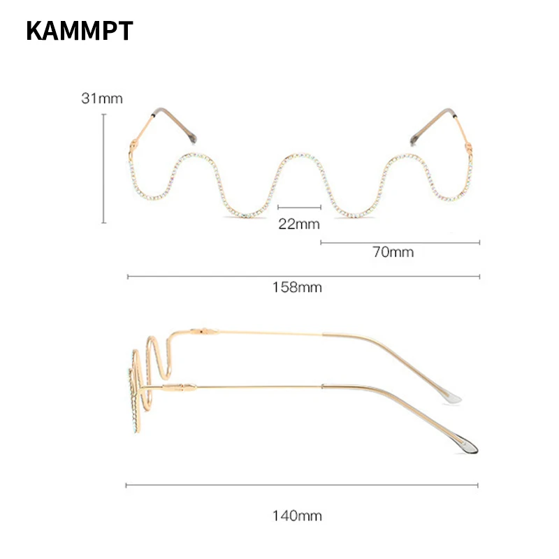 KAMMPT Wave Shape Glasses Frames Women Stylish Semi Rim Metal Eyeglasses without Lenses Ins Trendy Rhinestones Decorated Eyewear