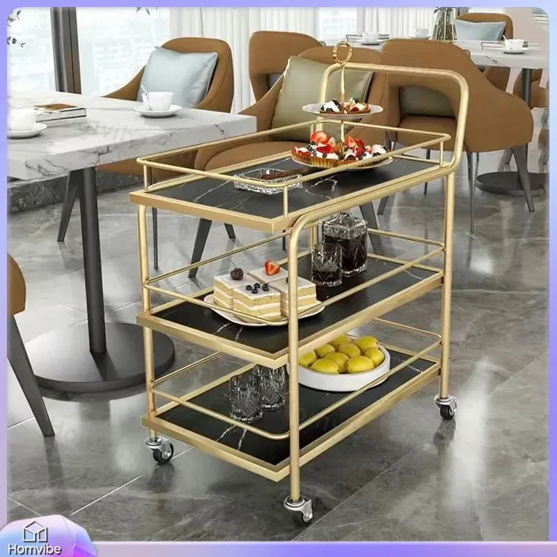 Nordic Mobile Trolley High End Storage Cart Hotel Wine Bar Gold Multi Layer Wrought Iron Dining Serving Tray Light Luxury
