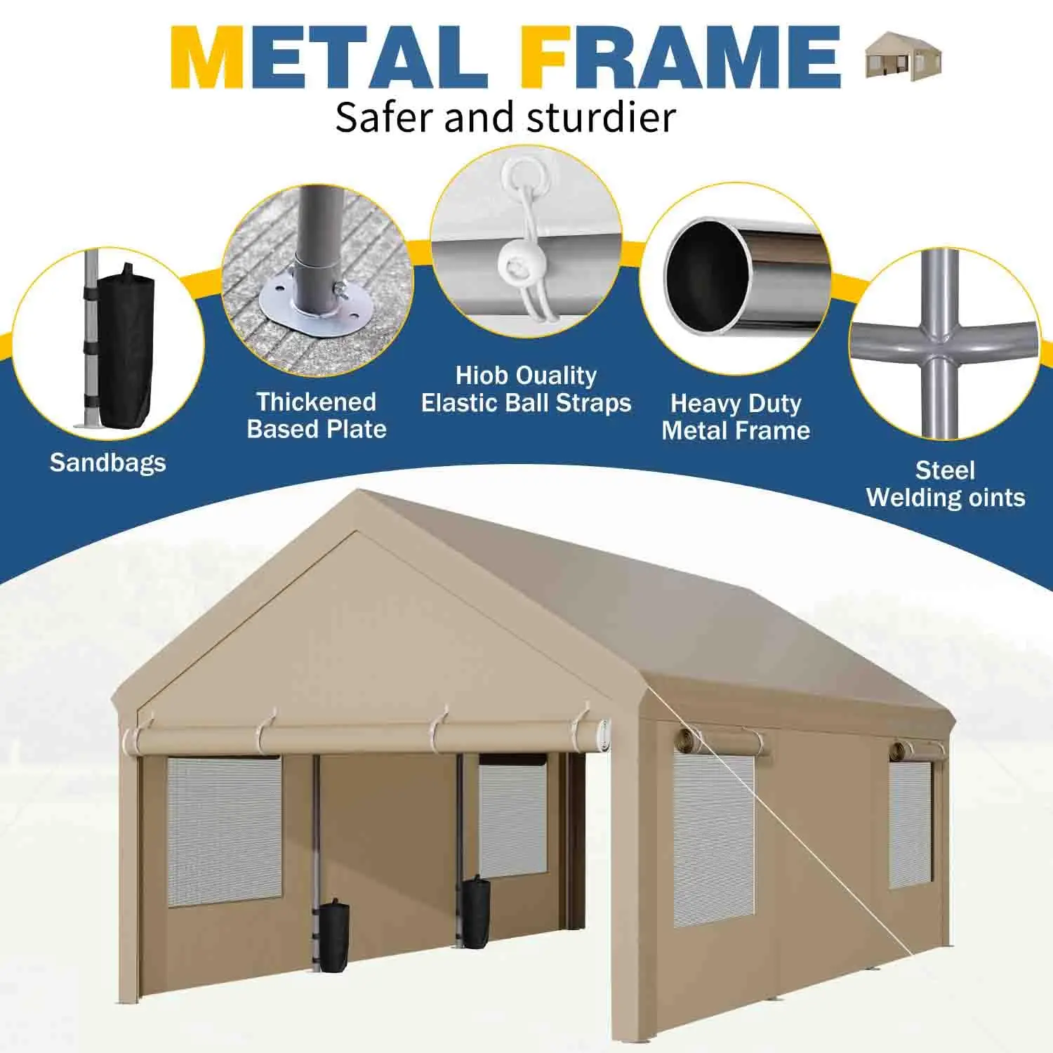 10x20 ft Carport, Heavy Duty Carport with Roll-up Windows, Portable Garage with Removable Sidewalls & Doors, Car Canopy