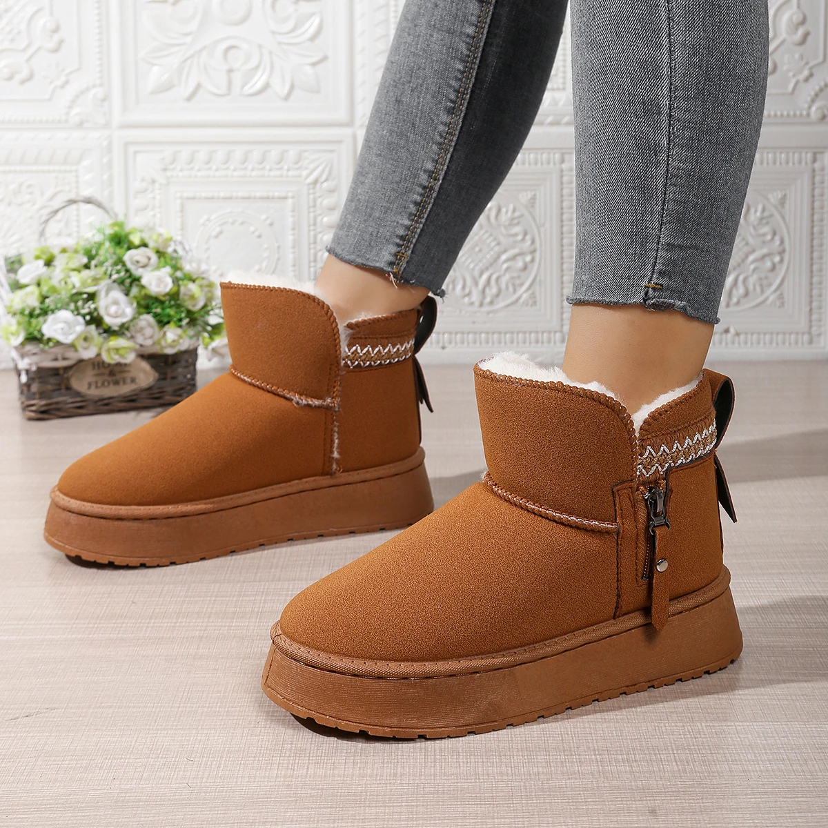 Winter-Schneestiefel für Damen, Verdickte Plüsch-Warme Baumwoll-Gepolsterte Schuhe, Modische Gestreifte Dicke Plateau-Stiefeletten für Frauen