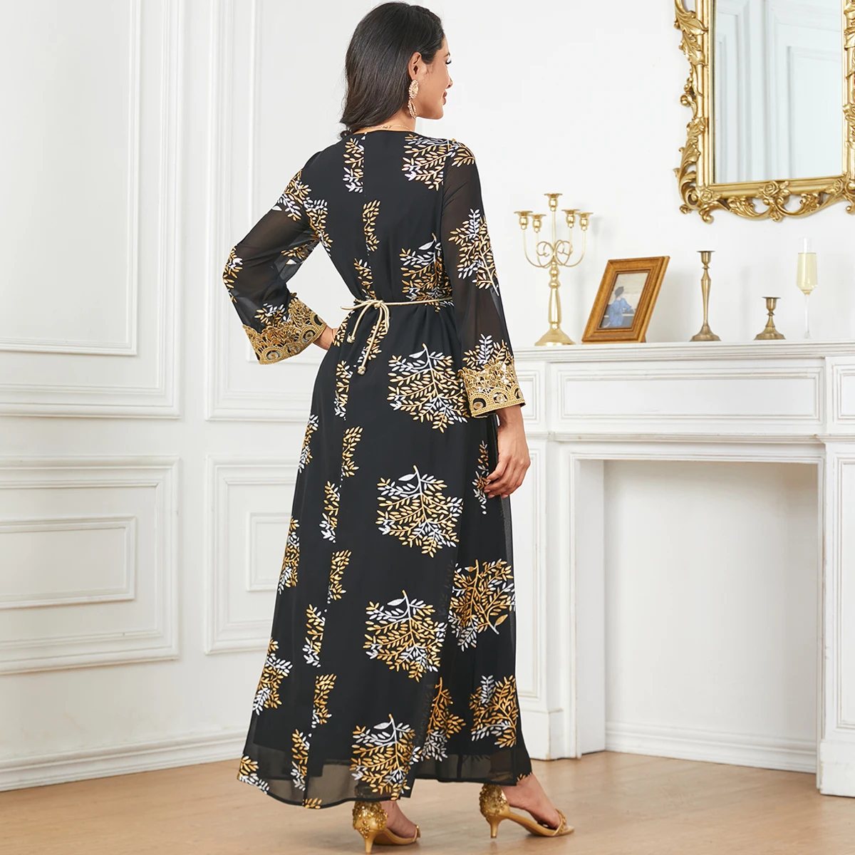 BNSQ 2024 Summer Middle East Arab New Floral Gold Plated Women Dresses Party Dresses Moroccan Kaftan with Customized Belt