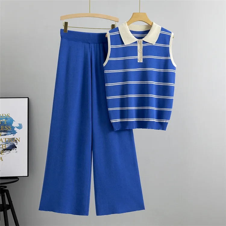 Polo Collar Knit Sleeveless Striped Tops 2 Piece Sets Women New Knitwear Jumper Tank Tee Suits High Waist Wide Leg Pant Conjunto