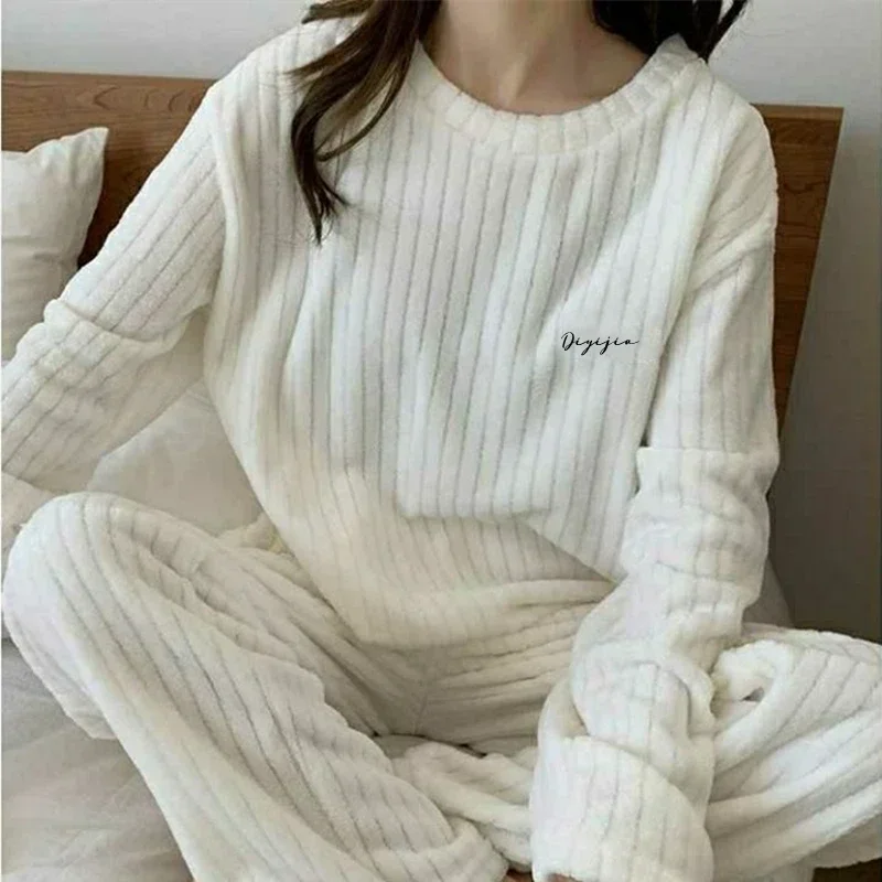 POCZCIY Women Fleece Sets Pullovers And Trouser 2 Piece Set Tracksuits Solid Stripe Ribbed Loose Pajama Set Women Autumn Winter