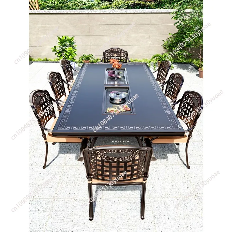 Outdoor tables and chairs, courtyard garden, terrace charcoal grilled electric grilled long table wrought iron home, barbecue