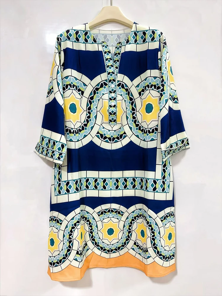 2026 summer women's retro geometric print pullover dress, fashionable T-shirt skirt, loose oversized straight tube skirt