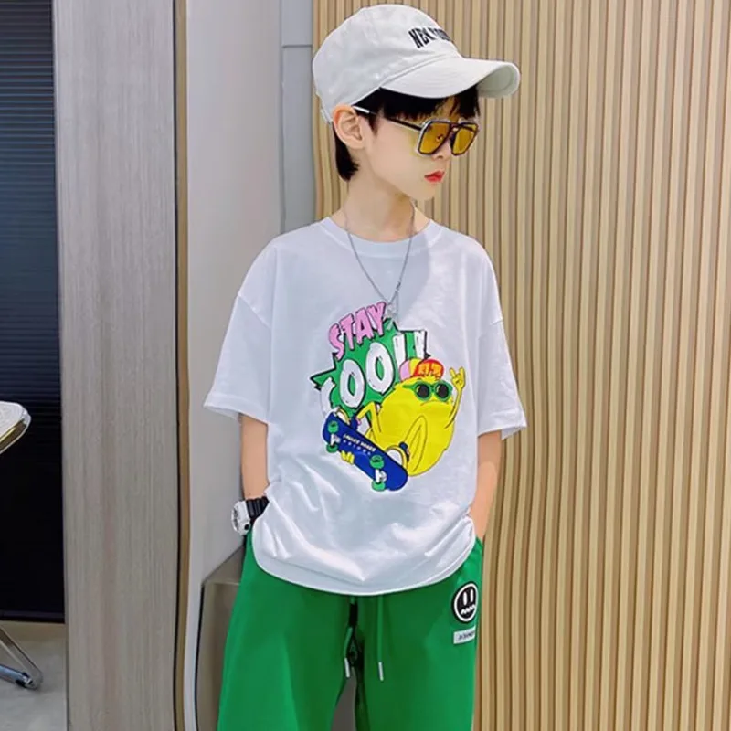 

Summer Handsome Cool Kids Boy Casual Cartoon Bear Print Trendy Children's Pure Cotton T-shirt Short Sleeve Toddler Tees Han Fan