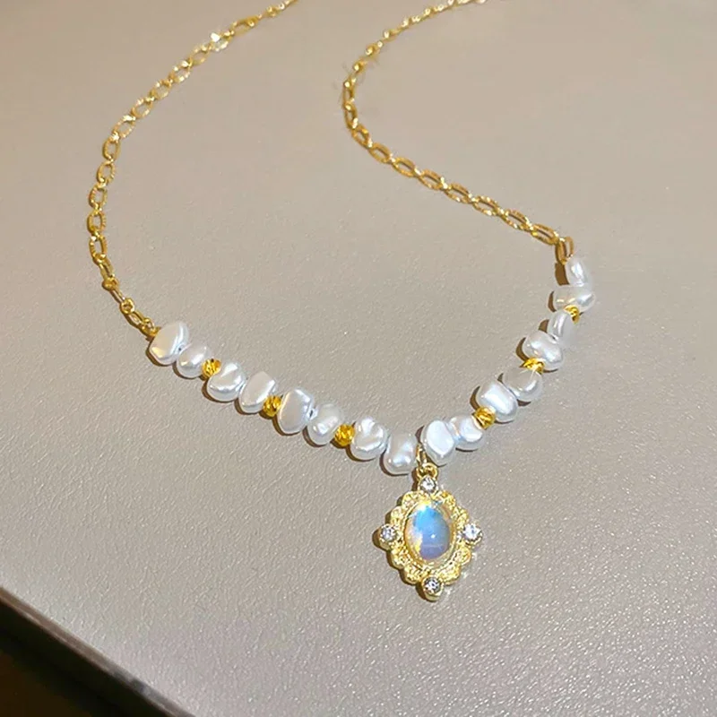 Gold Real Plated Moonstone Freshwater Baroque Pearls Necklaces for Women's Temperament Jewelry Clavicle Chain Party Gift