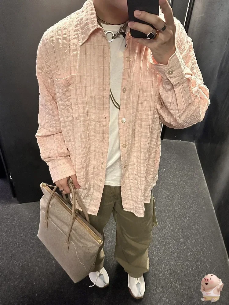 Top Version  OUR LEGACY Pink Pleated Seersucker Shirt Men Women  Wrinkles  Loose Fit Shirts