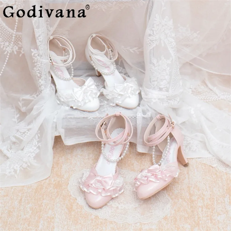 

Летние женские туфли на тонком каблуке в стиле Лолита, розовые сандалии в японском стиле с кружевной отделкой, женские уличные сандалии с бисером в стиле High Street