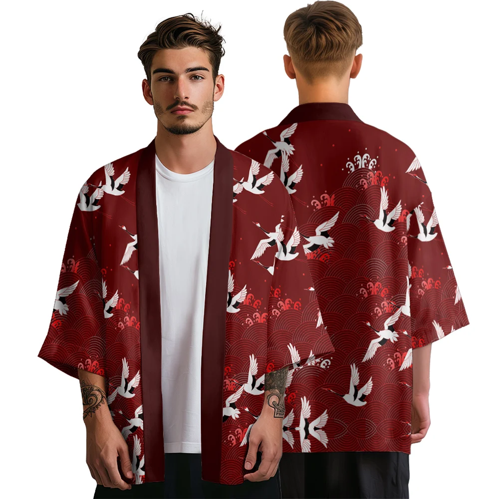 

Summer Kimono Crane Pattern Men Fashion Hawaiian Shirt Traditional Cardigan Costume Cloak Women Samurai Kimonos Cosplay Yukata