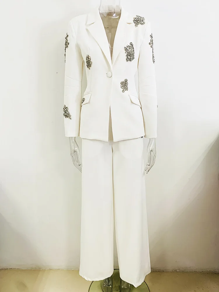 HIGH QUALITY White Diamonds Pantsuits New Designer Beaded Single Button Blazer Wide Leg Pants Sets for Women 2 Pieces Outfits