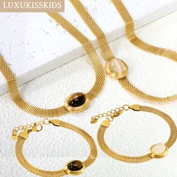 LUXUKISSKIDS Gold Plated Weave Chain Necklace Bracelets Set Fashion Round Stone Jewelry Sets for Woman Wedding Party Accesories