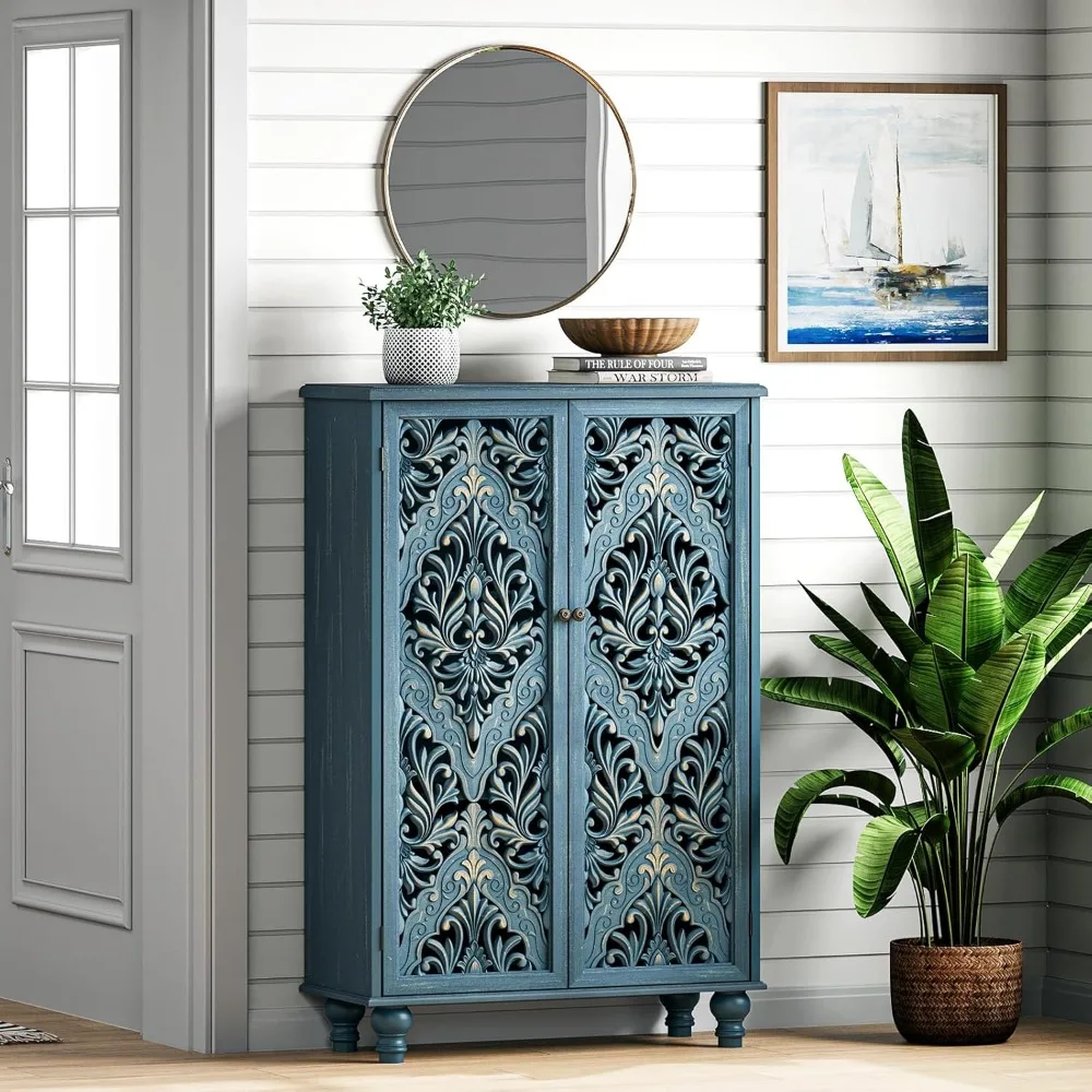 

47" Tall Accent Cabinet: 4-Door Storage with Solid Wood Legs - Versatile Furniture for Living Room & Entryway​