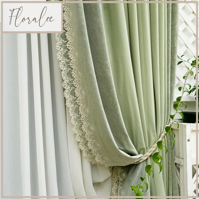 Customized Green Lace Embroidery Velvet Thickened Blackout Curtains For Living Room Bedroom French Window Balcony Villa