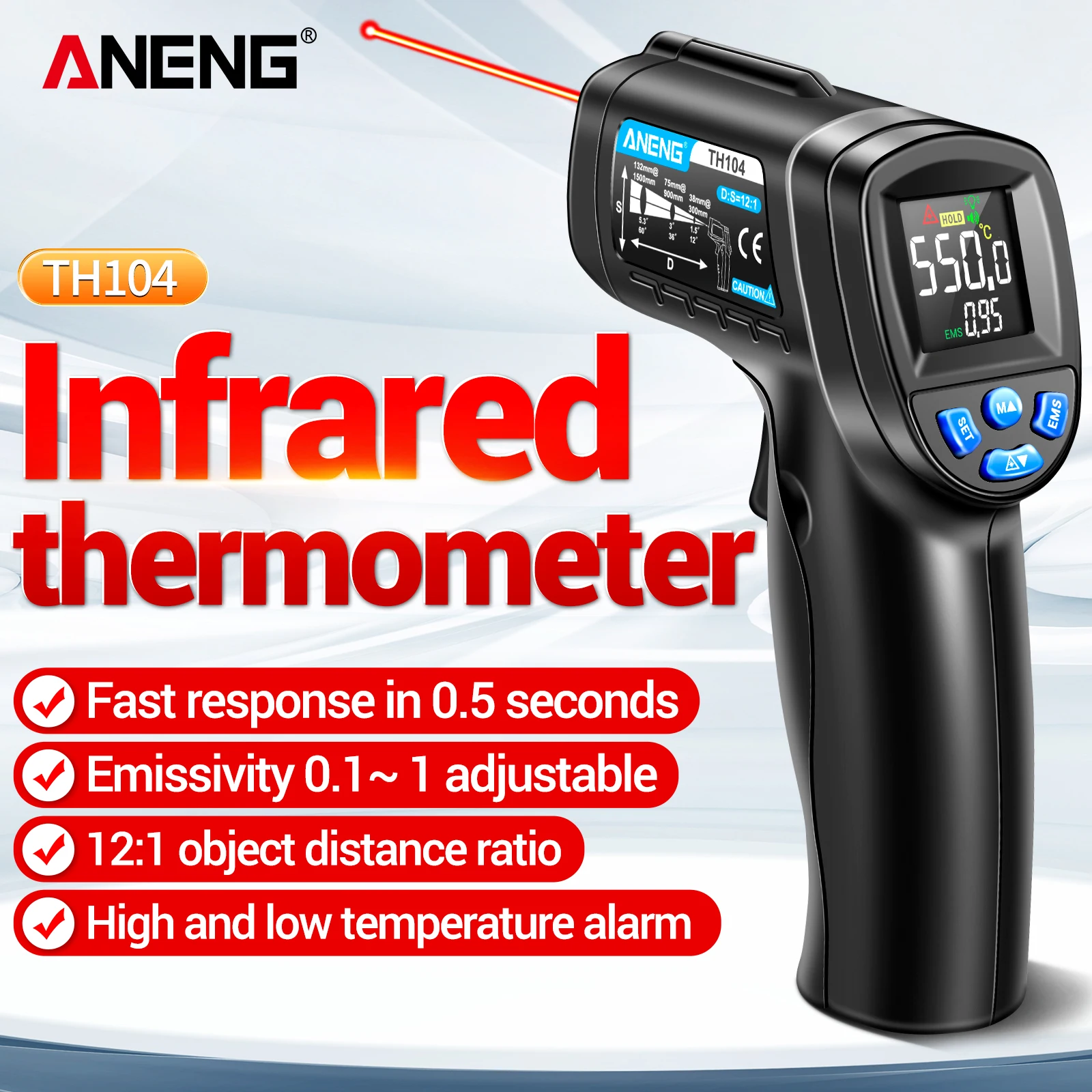 

Инфракрасный термометр ANENG TH104 с сигнализацией высокой и низкой температуры, точность 0.1 ℃ Промышленный прибор для измерения температуры с высокой точностью
