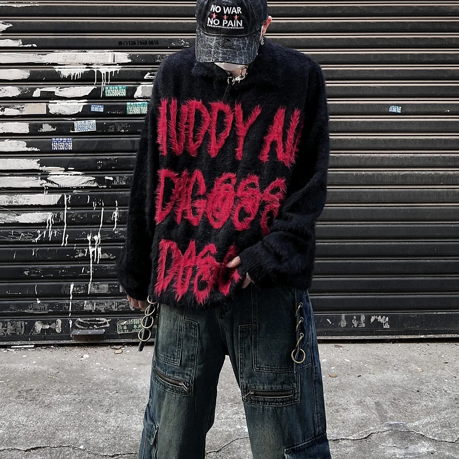 

Свободный мужской вязаный свитер с буквенным узором, имитация норки, осень-зима, большие размеры 250, мешочек, американский красный и черный контрастный цвет