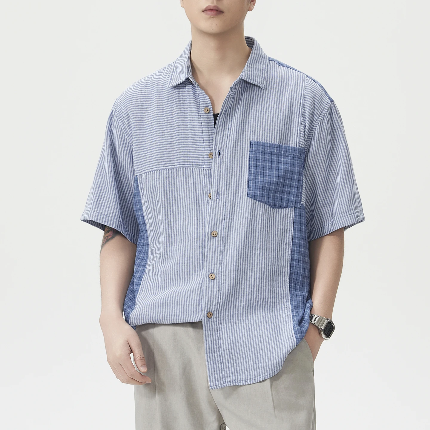 Campus Boys Shirts Tops Men Summer Fashion Simple Loose Casual Stripe Splice Plaid Pure Cotton Short Sleeve Shirt