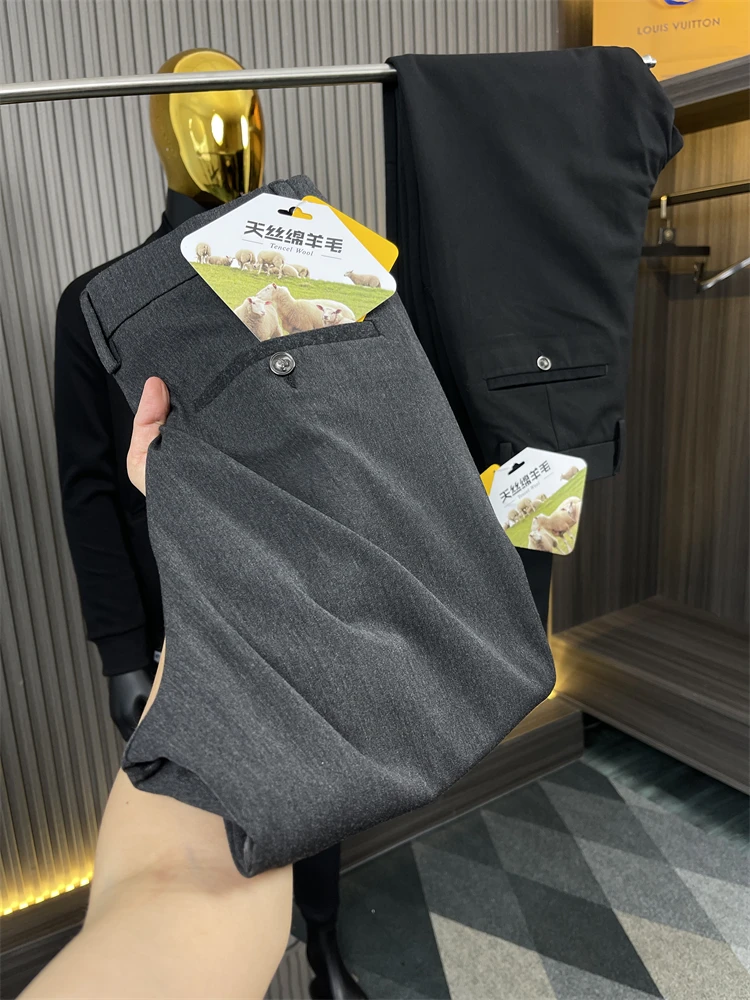 

Warm Busin Casual Pants Mixed Fce Lyocell Wool Autumn Winter Thermal Urban Sle Straight Leg Long Trousers