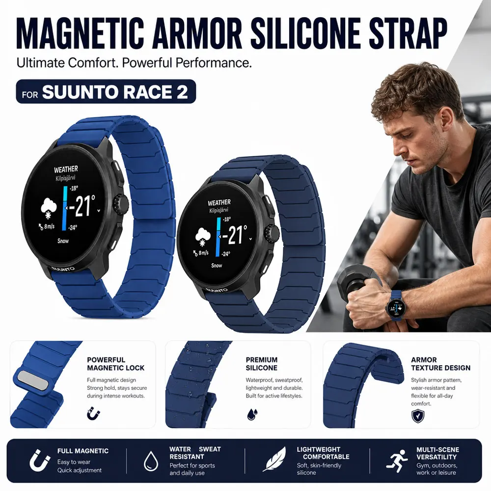 Silicone Magnetic Attraction Sports Band for Suunto Race2 22mm Lightweight Watch Accessory for Suunto Race 2 Outdoor Activitie