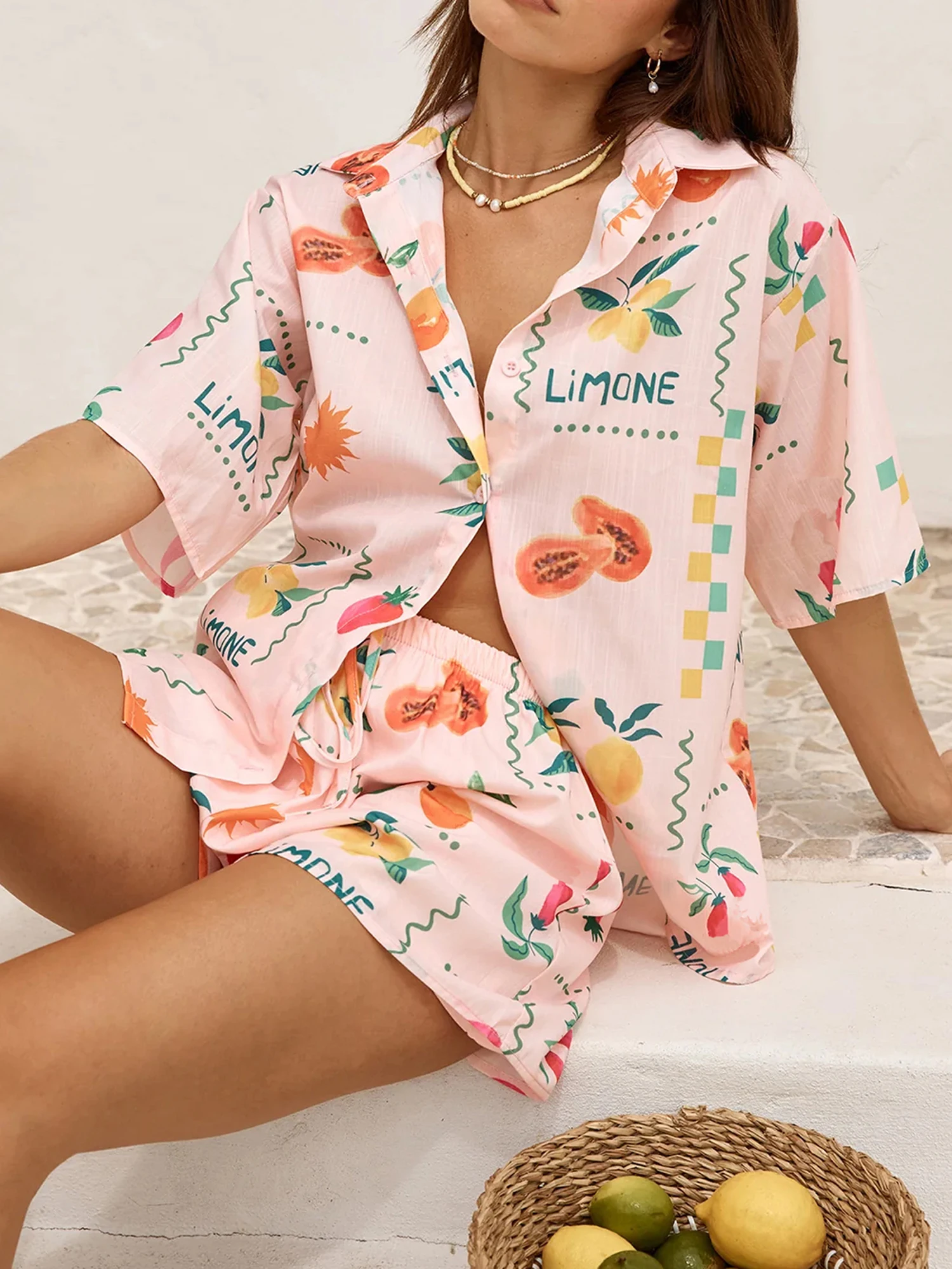 Women Loose Pajama Set Fruit Print Short Sleeve Shirt with Elastic Waist Shorts Summer 2 Pieces Outfits