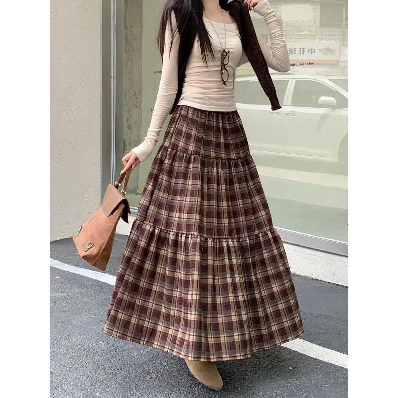 

Retro Plaid Women's Autumn and Winter New High-Waisted A-Line Spliced Mid-Length Slim Cake Long Skirt