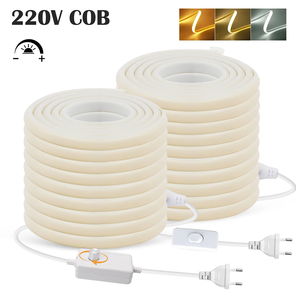 Dimmable COB LED Neon Light 220V Dimmer Switch Power EU Plug Kit 288LEDs/m Flexible Strip Warm/Natural White 0.5m 1m 2m 5m 10m