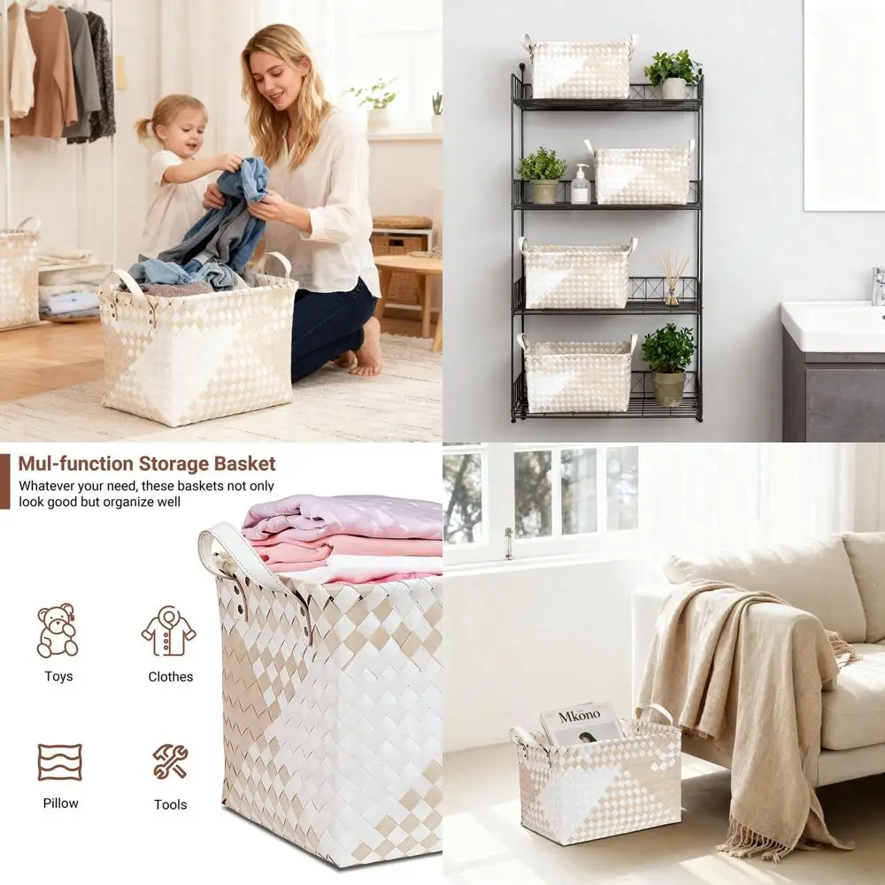 

Набор из 6 водонепроницаемых больших корзин для белья с кожаными ручками для домашнего хранения — бежевый