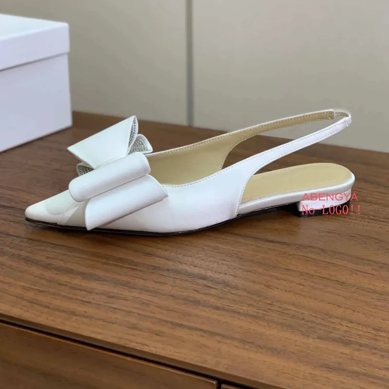 Designer Sexy Zijde Roze Lage Hakken Jurk Schoenen Vrouw Boog Knoop Slingback Prom Schoenen Zomer Fashion Party Banket Schoenen Voor Vrouwen