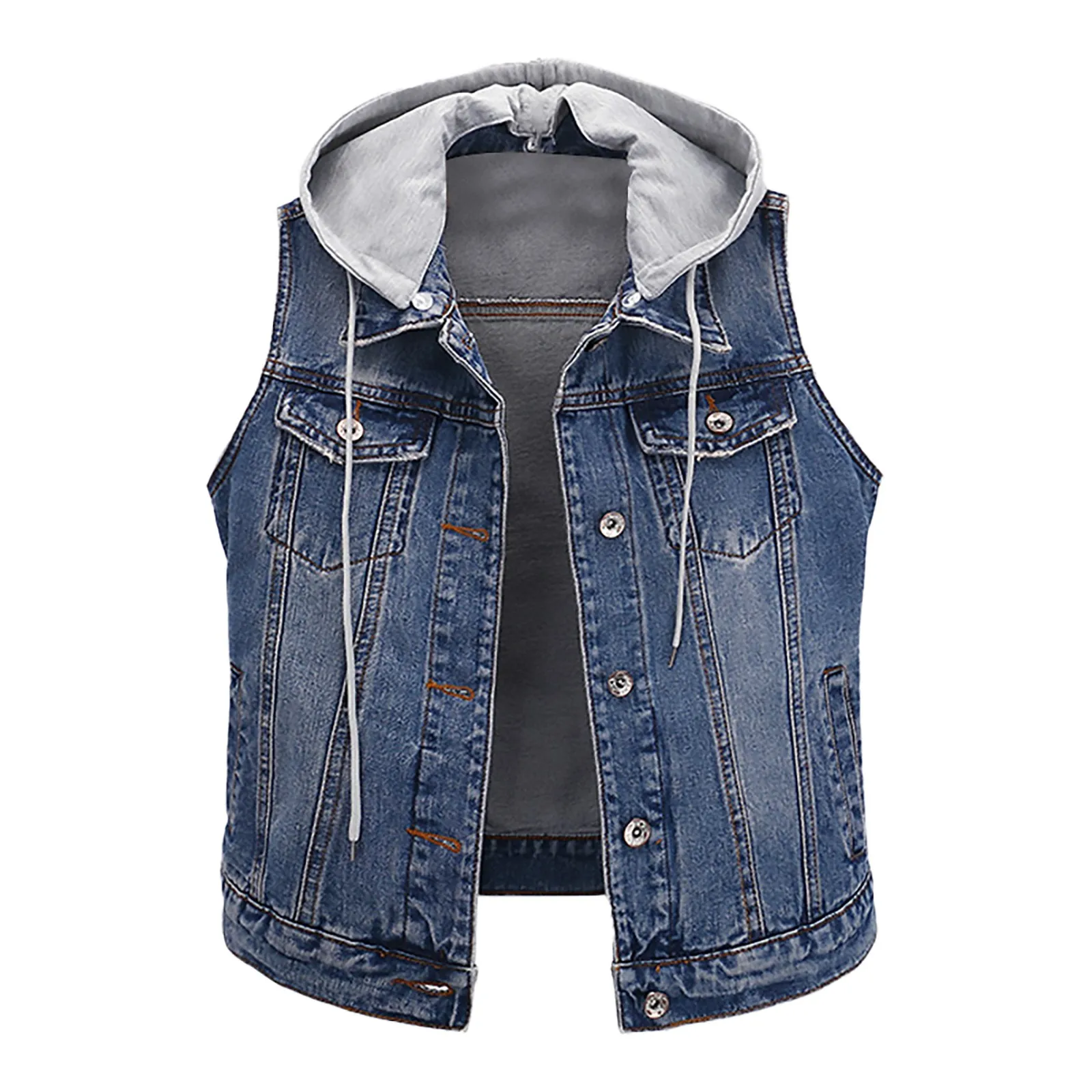 

Women'S Hooded Drawstring Cardigan Denim Vest Distressed Sleeveless Streetwear Denim Coats Jean Vest Stretch Removable Hoodie