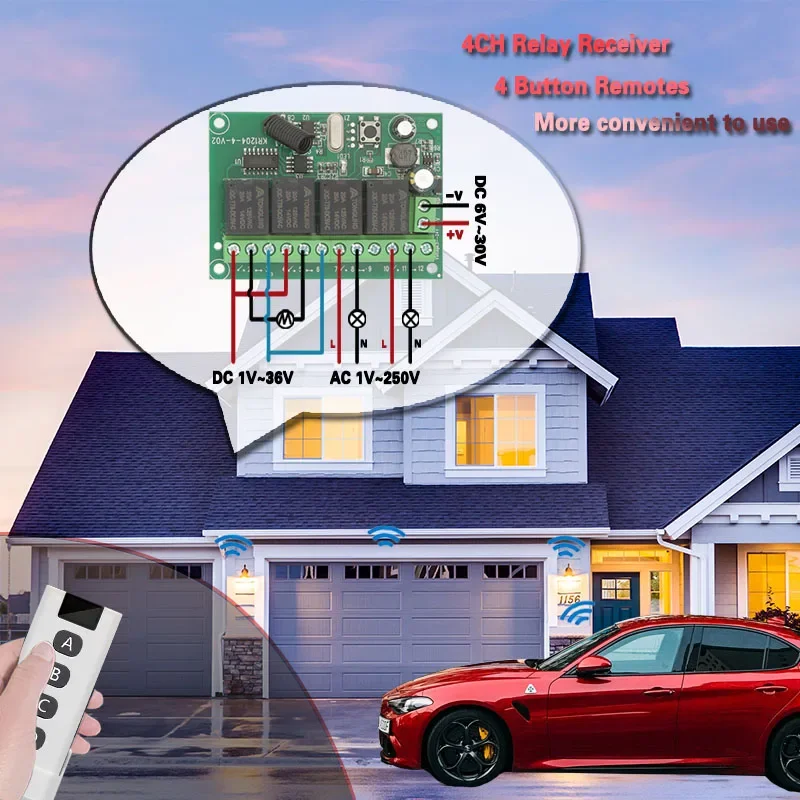 Smart Swtich Universal Relay Receiver DC 6~30V 4CH Controller With 433Mhz RF Wireless Remote Contol for Garage/Door/Light/Fan