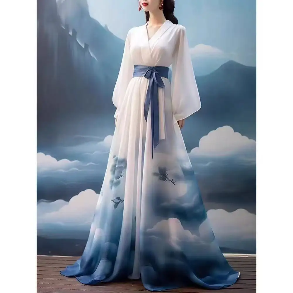 

New Chinese Style Hanfu Women's Traditional Cross Collar Water Ink Paintings Printing Long Dress Vintage Fashion Suit Looks Slim
