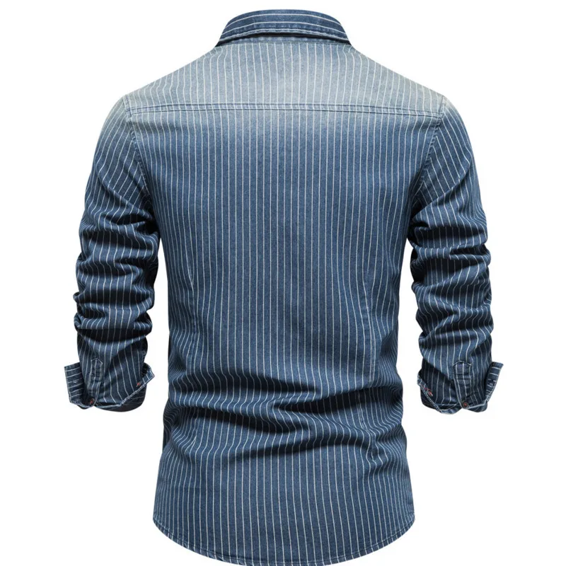 #4605 Black Blue Vertrical Striped Denim Shirts Mens Fit Fit Long Sleeve Jeans Shirts 95%Cotton Cowboy Mens Shirts High Quality