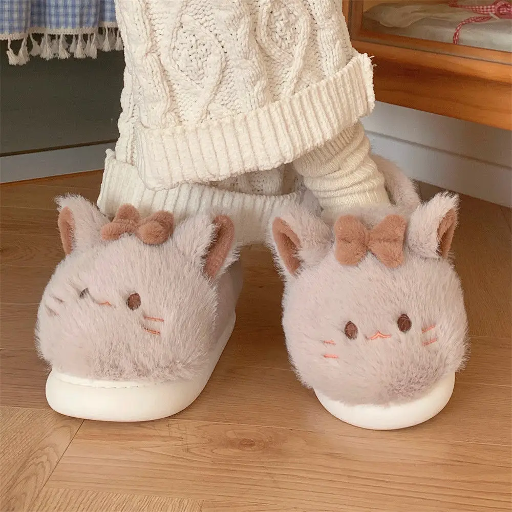 Home slippers winter for women cute kitty fluffy shoes warm slip-on fur clogs girls lovely cat slipper with bow-tie