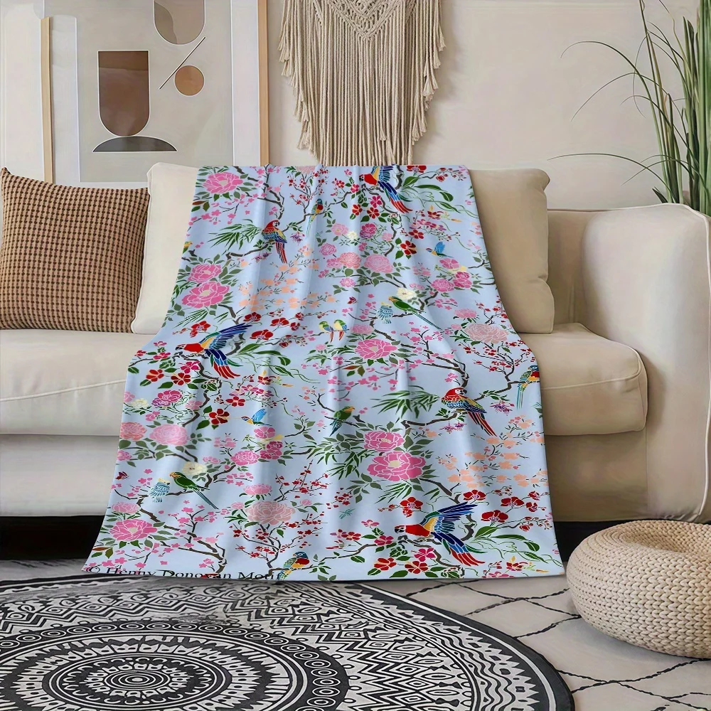 Color Parrot Peony Leaf Light Blue Base Print Blanket, Light Flannel Throw For Couch Room, Oriental Floral Daily Blanket