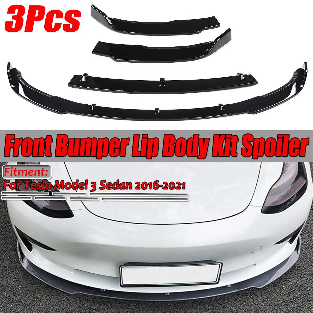 3PCS Car Front Lip Chin Bumper Spoiler Splitters Body Kit Protector Cover Deflector Lips Guard For Tesla Model 3 Sedan 2016-2019