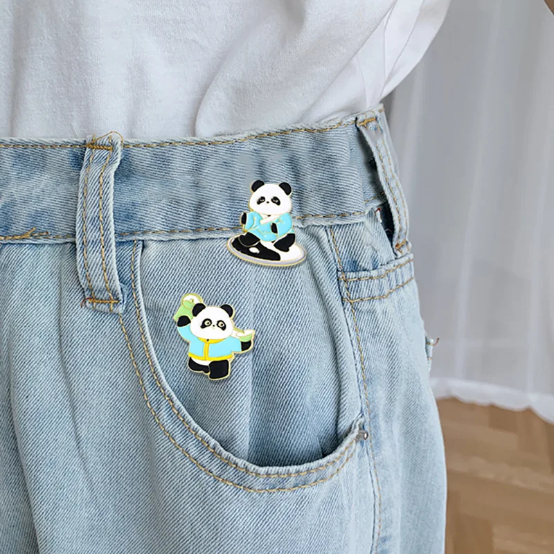 Chinese style national tide panda brooch cute panda opera Tai Chi lion dance juggling costume hat bag metal badge pin