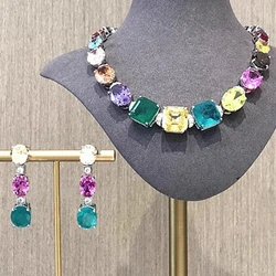 KQDANCE 925 Sterling Silver Colorful Lab Emerald Paraiba Ruby Sapphire High Carbon Diamond Necklace/Earrings Fine Jewelry Set