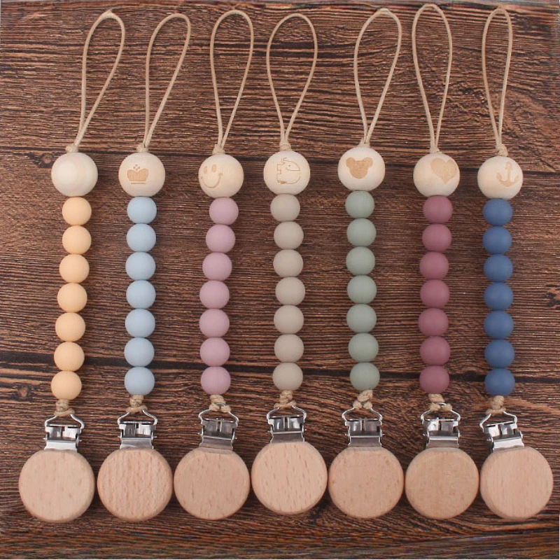 

Personalized Baby Pacifier Clip Custom Name Silicone Bead Nipple Dummy Clips Engraved Infant Wood Pacifier Holder Newborn Gifts